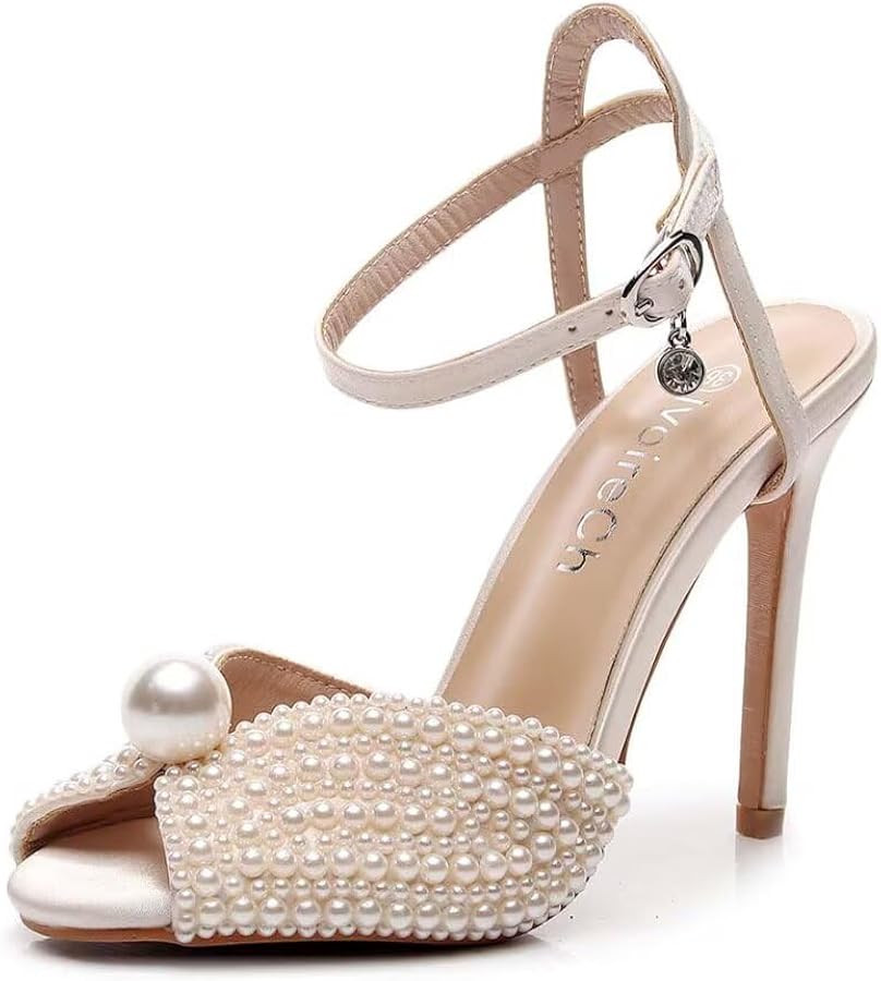 Womens Pearls Wedding Sandals Open Toe Stiletto 4" Heeled Sandals Bridal Pearl High Heels for Eve... | Amazon (US)