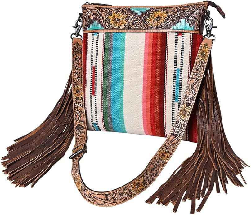 American Darling Large Cross body Bag, Hand Tooled Floral Leather, Hand Woven Saddle Blanket with... | Amazon (US)