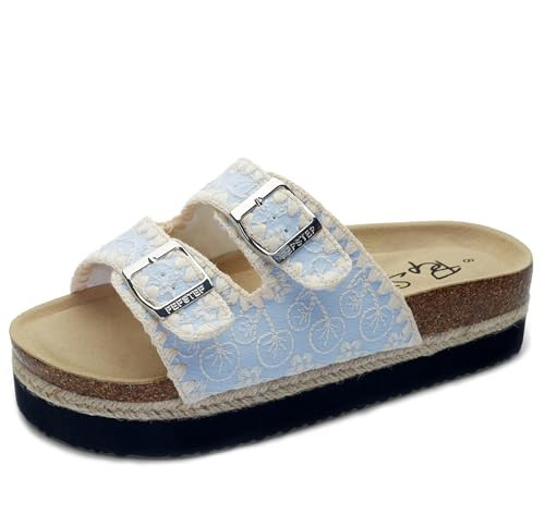 PepStep Slide Sandals for Women with Soft Cork Footbed and Strap, Ladies Fashion Platform Slide Sandals Comfortable Slip On Style(11,EMBblue) | Amazon (US)