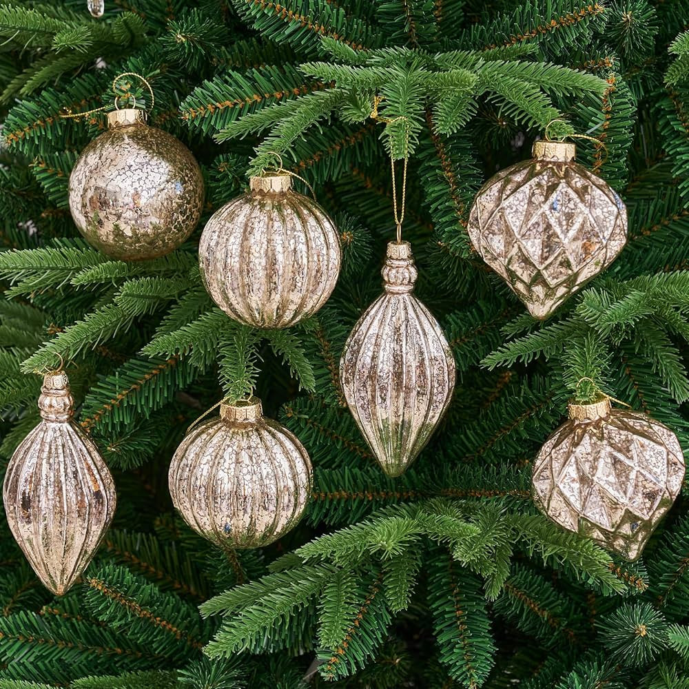 Osfvn Mercury Glass Christmas Ornaments Set of 8 Silver 3.7 Inches Large Hanging Balls Finial Xma... | Amazon (US)
