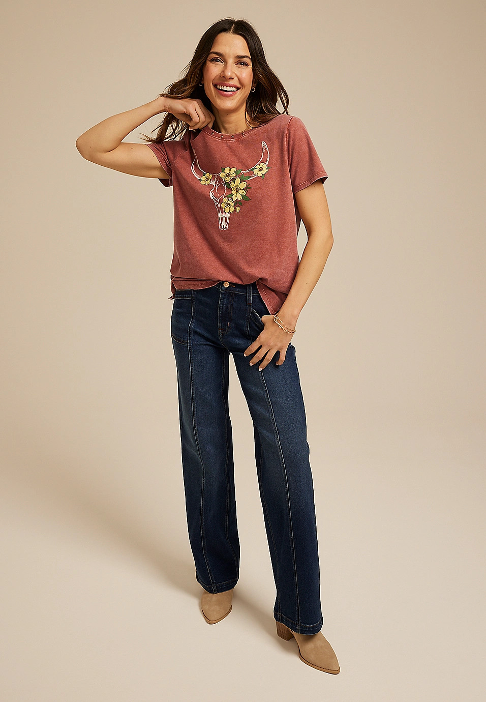 Studded Floral Longhorn Classic Fit Graphic Tee | Maurices