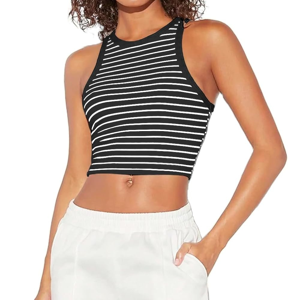 Women Striped Sleeveless Crop Tank Crewneck Color Block Rack Back Basic Slim Fitted Going Out Cro... | Amazon (US)