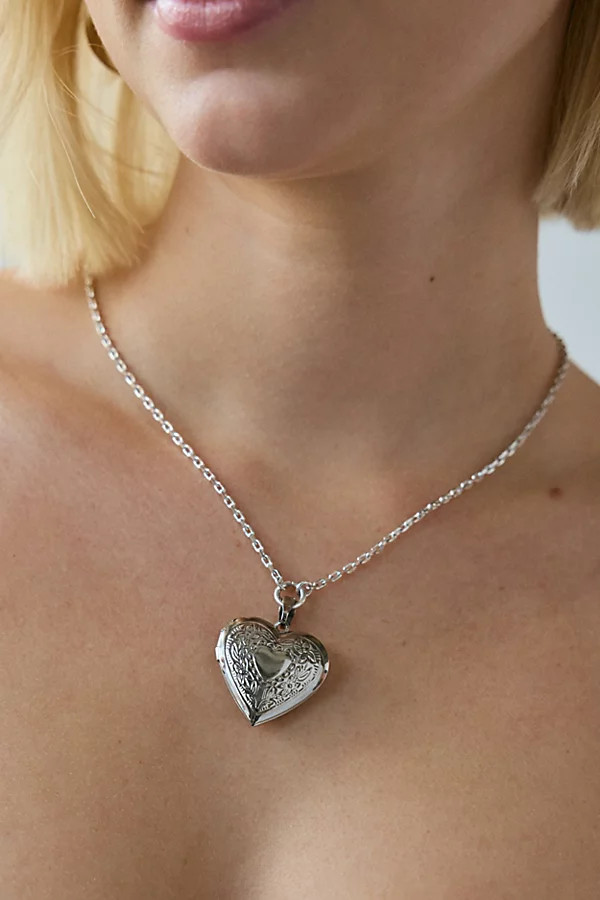 Metal Etched Heart Locket Necklace in Silver, Women's at Urban Outfitters | Urban Outfitters (US and RoW)
