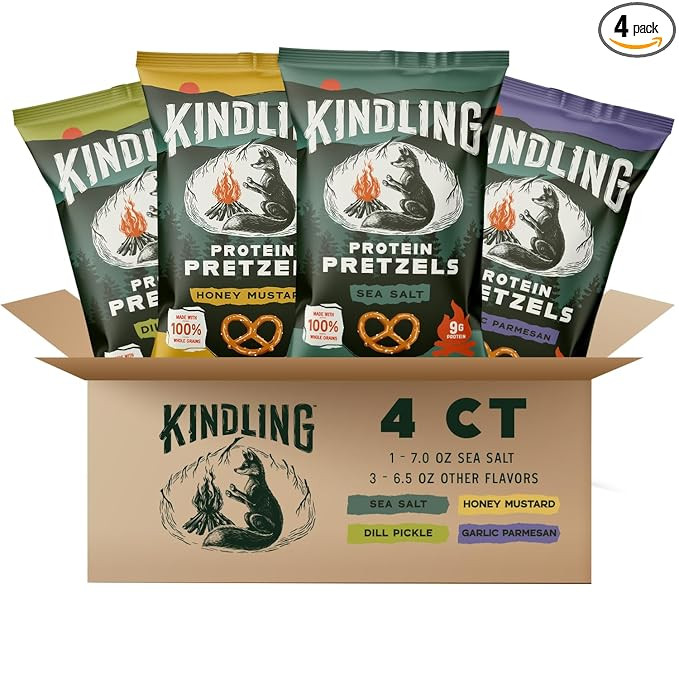 Kindling Protein Pretzels Variety Pack - Sea Salt (1), Dill Pickle (1), Honey Mustard (1), Garlic... | Amazon (US)