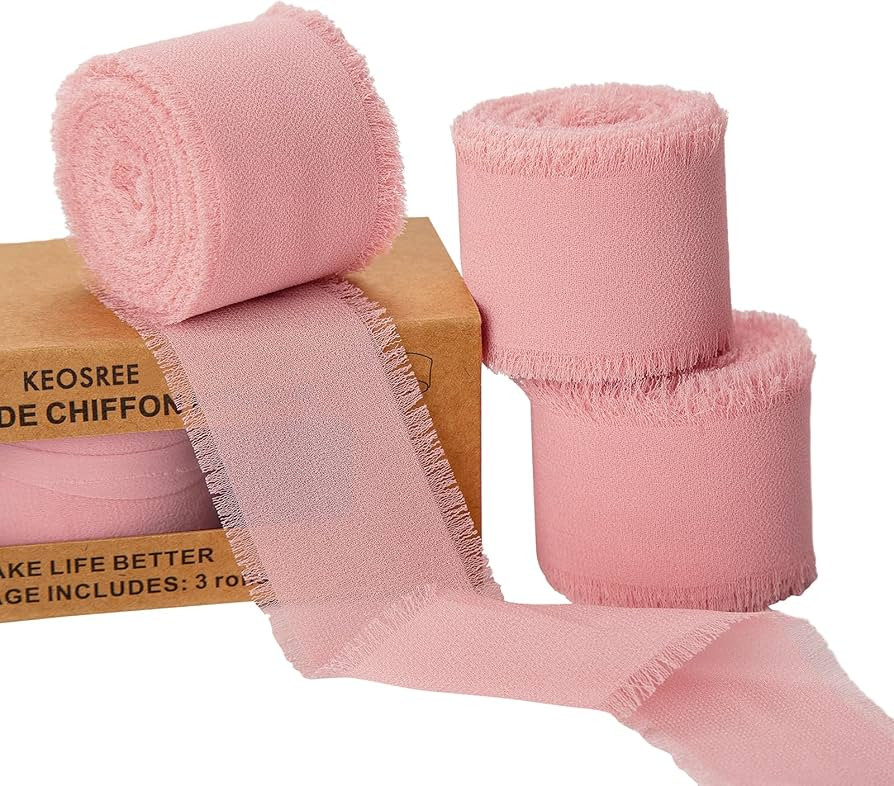 3 Rolls Blush Pink Handmade Chiffon Ribbon,1.5" x 21Yd Frayed Fringe Silk Ribbons (3 Rolls *7Yd) ... | Amazon (US)