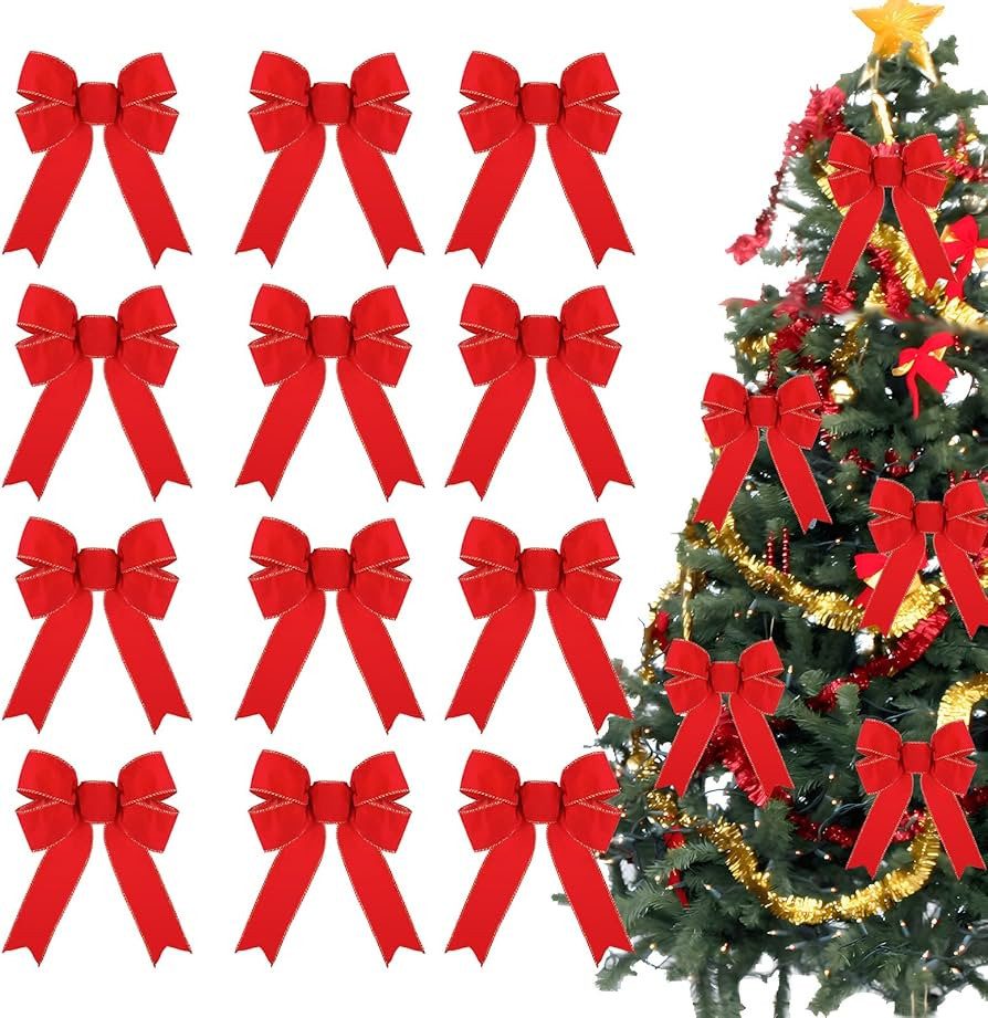 12 Pack Red Bows Christmas Tree Decorations, Christmas Wreath Bows Christmas Velvet Bows with Gli... | Amazon (US)