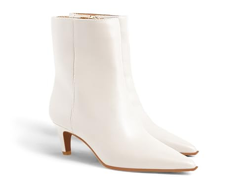 Coutgo Ankle Boots for Women Kitten Low Heel Pointed Toe Booties Side Zipper Fall Shoes, Cream White PU, Size 7.5 | Amazon (US)