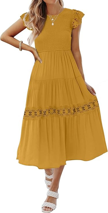 ZESICA Women's 2023 Casual Crew Neck Flutter Sleeve Smocked High Waist Hollow Out Lace Trim Tiere... | Amazon (US)