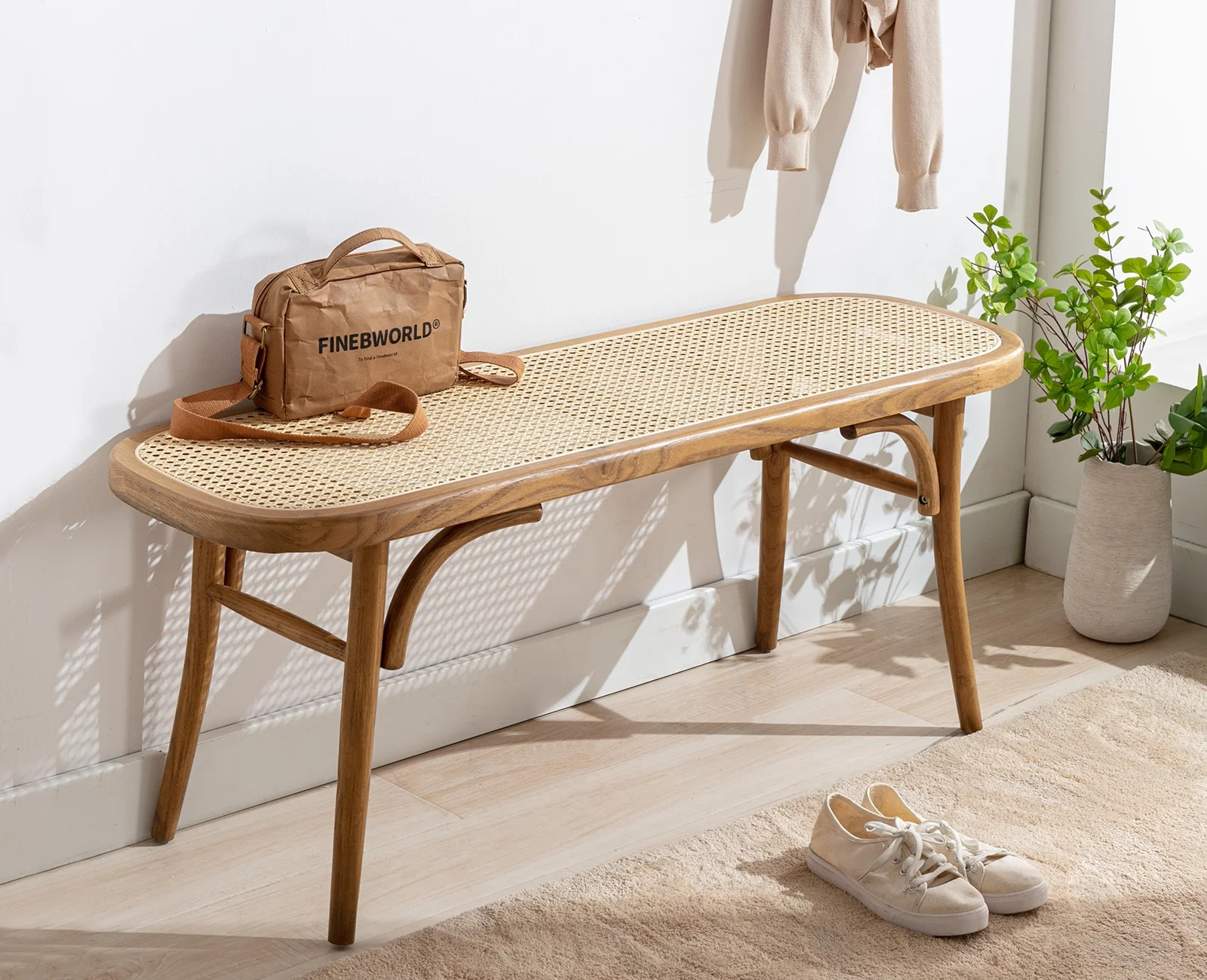 Guyou 45" Farmhouse Wood Bench, Small Rattan Cane Bench Wicker Bench Dining Bench for Dining Room... | Walmart (US)