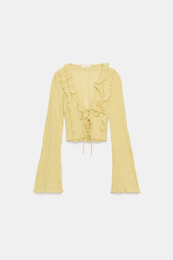 Zara - Ruffled Tie-Front Crop Top - Oyster-White - L - Woman | Zara UK