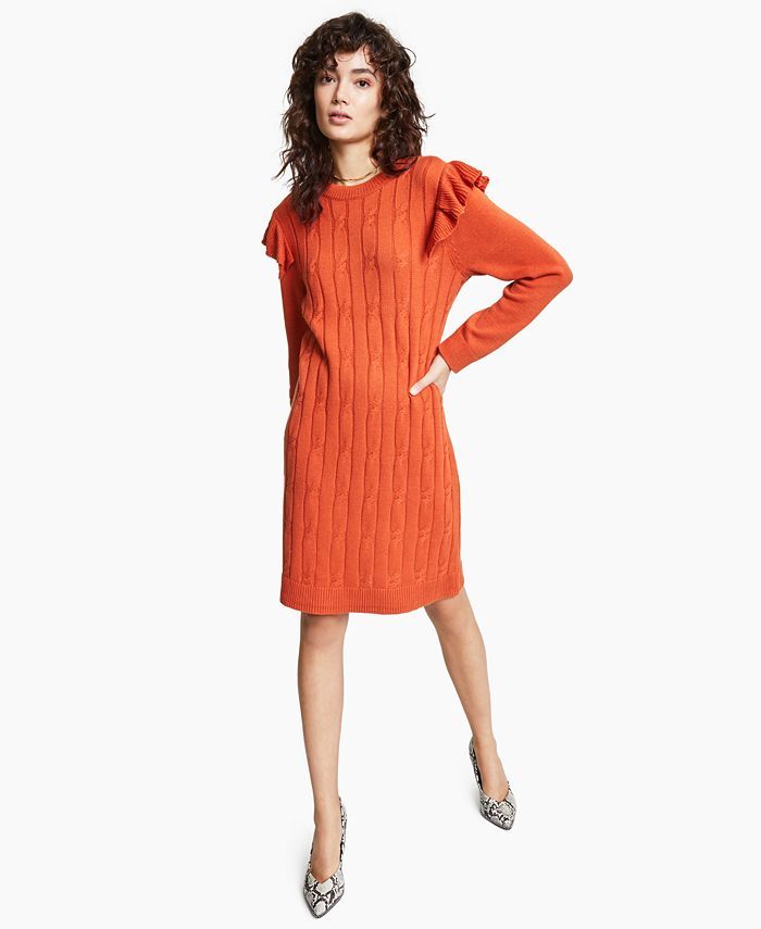 Bar III Ruffled Cable-Knit Sweater Dress, Created for Macy's & Reviews - Dresses - Women - Macy's | Macys (US)