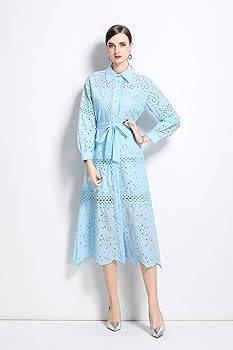 LAI MENG FIVE CATS Women's Puff Sleeves Shirt Collar Solid Color Hollow Buttons Midi Dress with B... | Amazon (US)