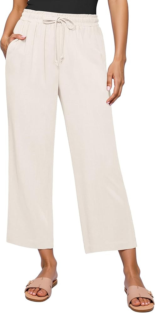 GRAPENT Linen Pants for Women High Waisted Wide Leg Capri Elastic Waist Casual Beach Flowy Croppe... | Amazon (US)