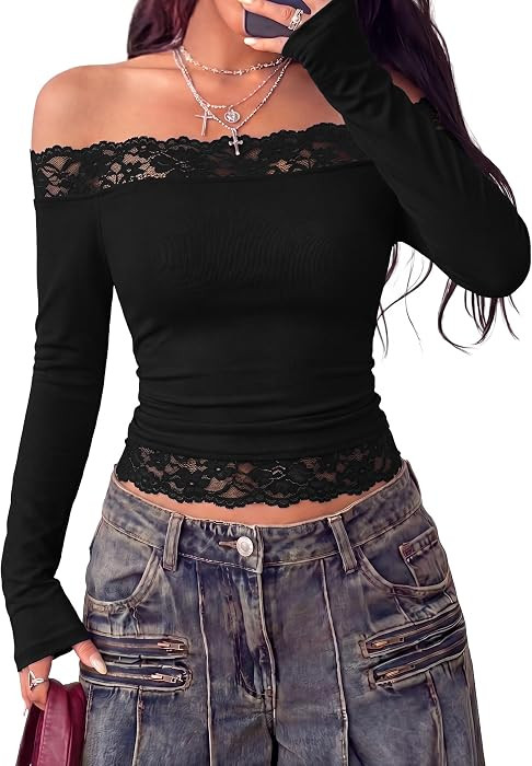 PRETTYGARDEN Women Lace Off the Shoulder Cute Going Out Tops | Amazon (US)