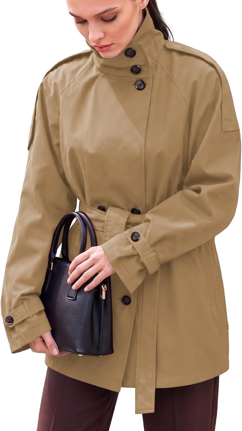 Women Double Breasted Windbreaker High Neck Button Down Jackets | Amazon (US)