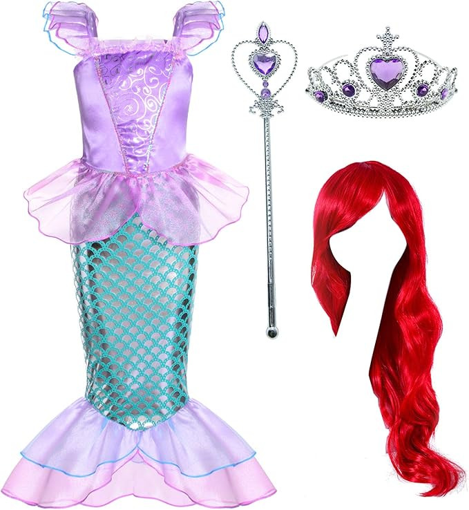 Joy Join Little Girls Princess Mermaid Costume for Girls Dress Up with Wig,Crown Pink | Amazon (US)