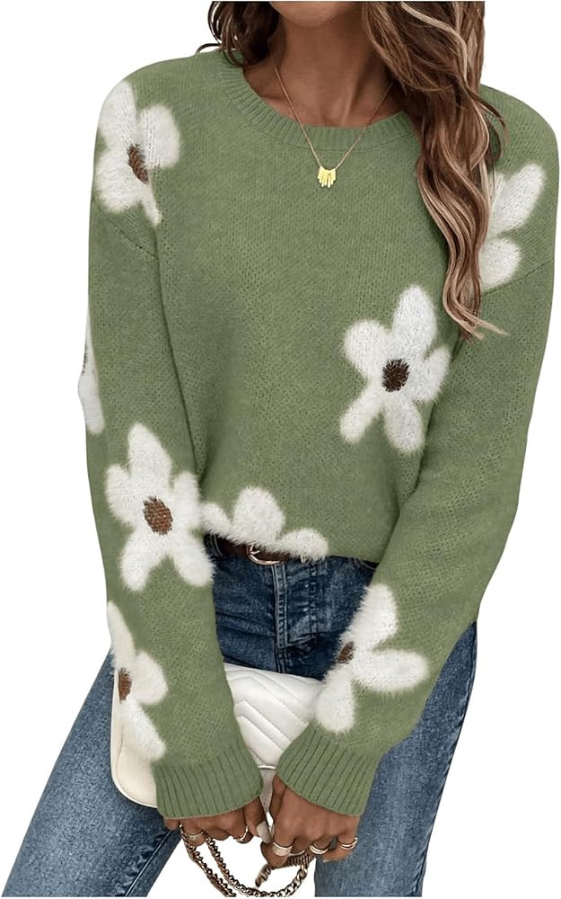 SHENHE Women's Floral Pattern Crewneck Long Sleeve Drop Shoulder Sweaters Pullover Tops | Amazon (US)