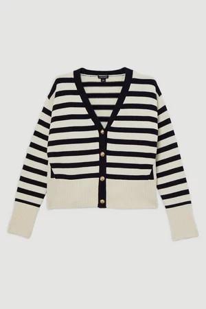 Cotton V Neck Knit Boxy Striped Cardigan | Karen Millen UK + IE + DE + NL
