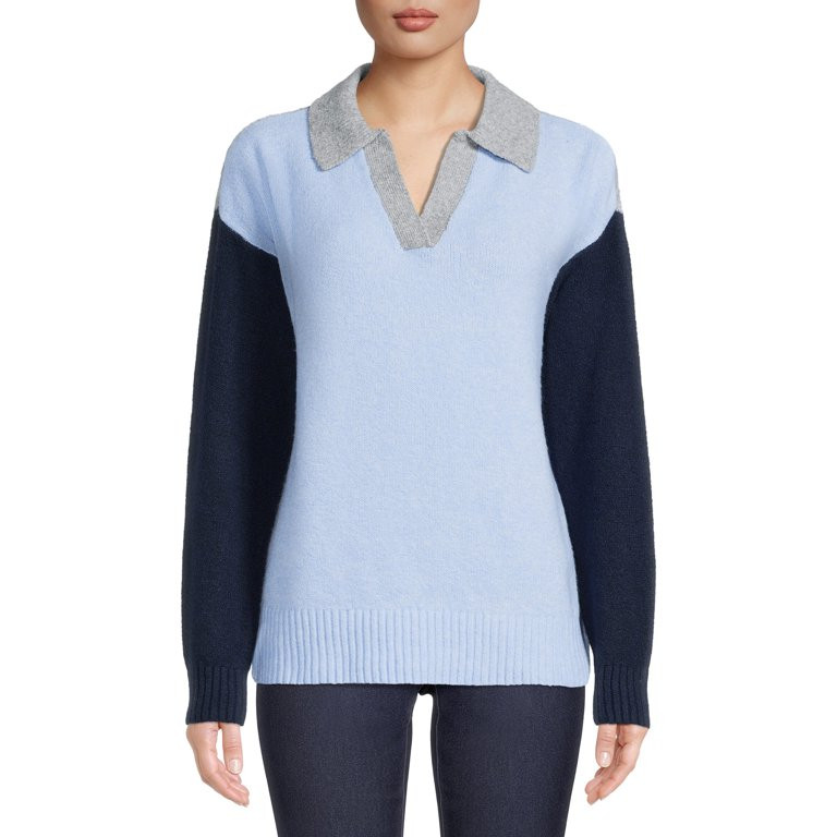 Time and Tru Women's Long Sleeve Colorblock Polo Sweater | Walmart (US)