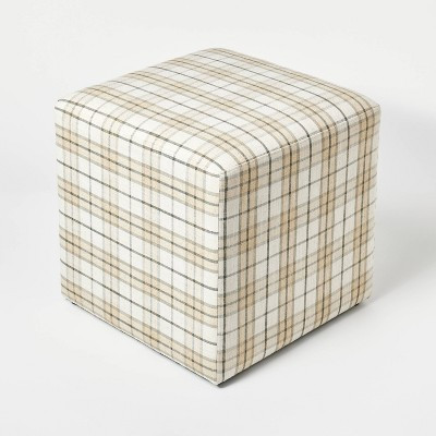 Lynwood Square Upholstered Cube Ottoman Cream/Brown Plaid - Threshold™ designed with Studio McGee, Fully Assembled | Target