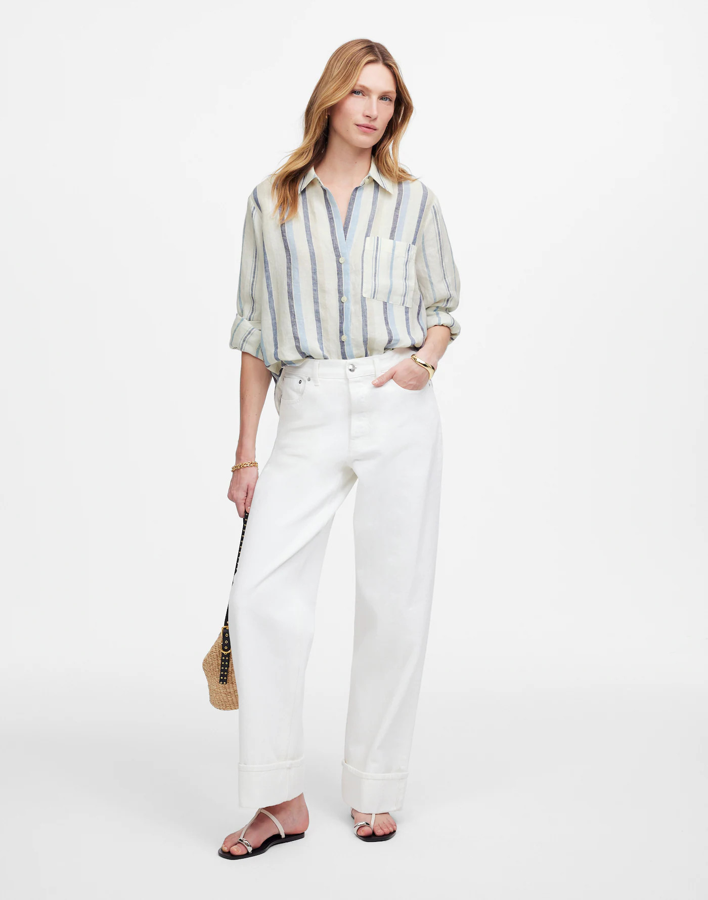 Linen Easy Y-Neck Button-Up Shirt in Mixed Stripe | Madewell