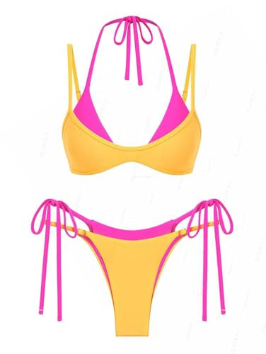 seamoly Womens Orange Two Tone Bikini Set Triangle Double Layer Tie Side Low Rise Two Piece Swimsuit L | Amazon (US)