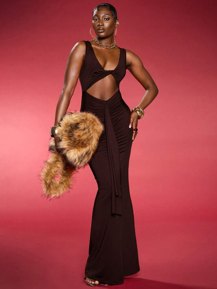 Normani Slinky Cut Out Ruched Drape Maxi Dress Holiday Vacation Summer Wedding Guest Ibiza Beach ... | SHEIN