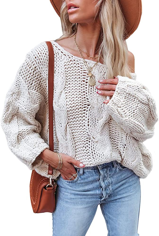 VIMPUNEC Womens Oversized Sweater Color Block Off The Shoulder Pullover Sweaters Cable Knit Chunky S | Amazon (US)