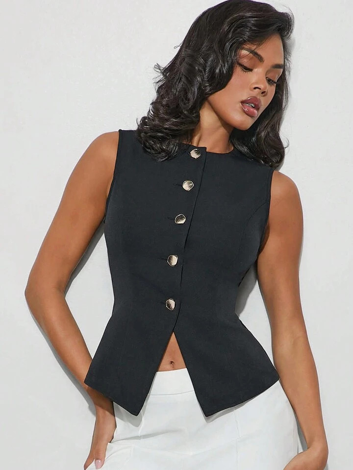 SHEIN Haute Women Plain Color Single-Breasted Crew Neck Sleeveless Casual Top | SHEIN