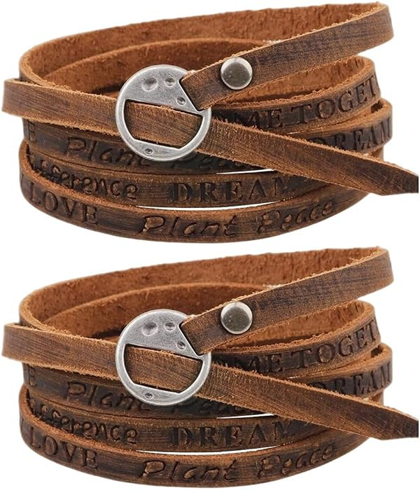 2PCS Cowhide Leather Wrap Bracelets Wristbands Cuff Vintage Adjustable Genuine Leather Boho Layer... | Amazon (US)