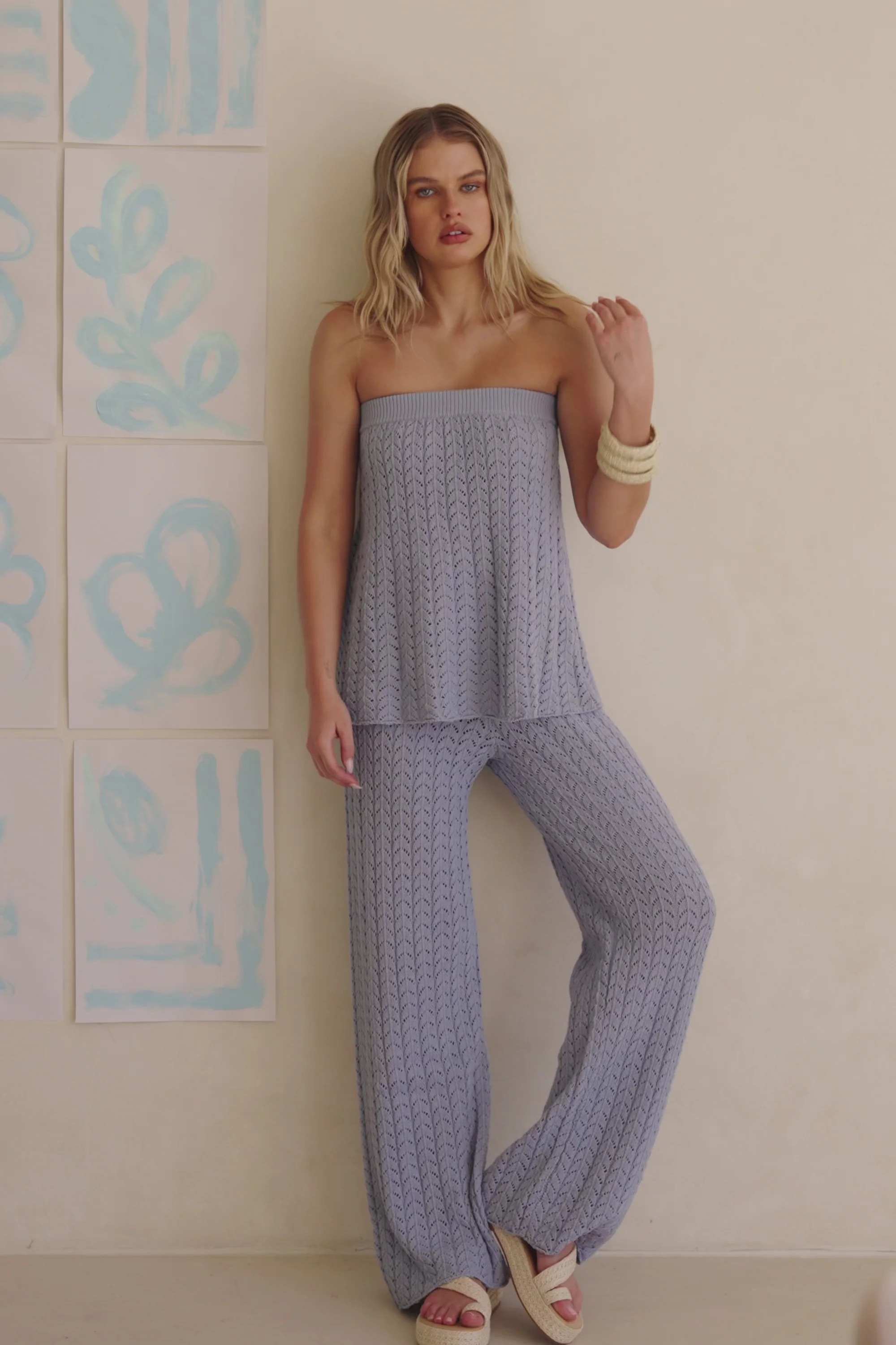 Blue Pointelle Knit Strapless Athena Top | Sabo Skirt US