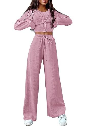 PRETTYGARDEN Womens 2023 Fall Track Suits 3 Piece Outfits Matching Sets Ribbed Knit Cardigan Crop... | Amazon (US)