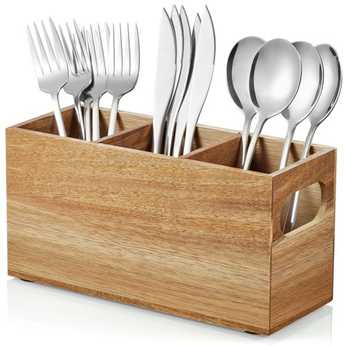 DRASTAR Silverware Holder, Acacia Wooden Utensil Caddy, Silverware Organizer Countertop, Cutlery Holder for Party, Fork Spoon Knife Organizer | Amazon (US)