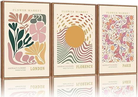 Tinonedraw Boho Flower Market Framed Canvas Wall Art Set, Pink Beige Cute Butterfly Wall Decor, C... | Amazon (US)