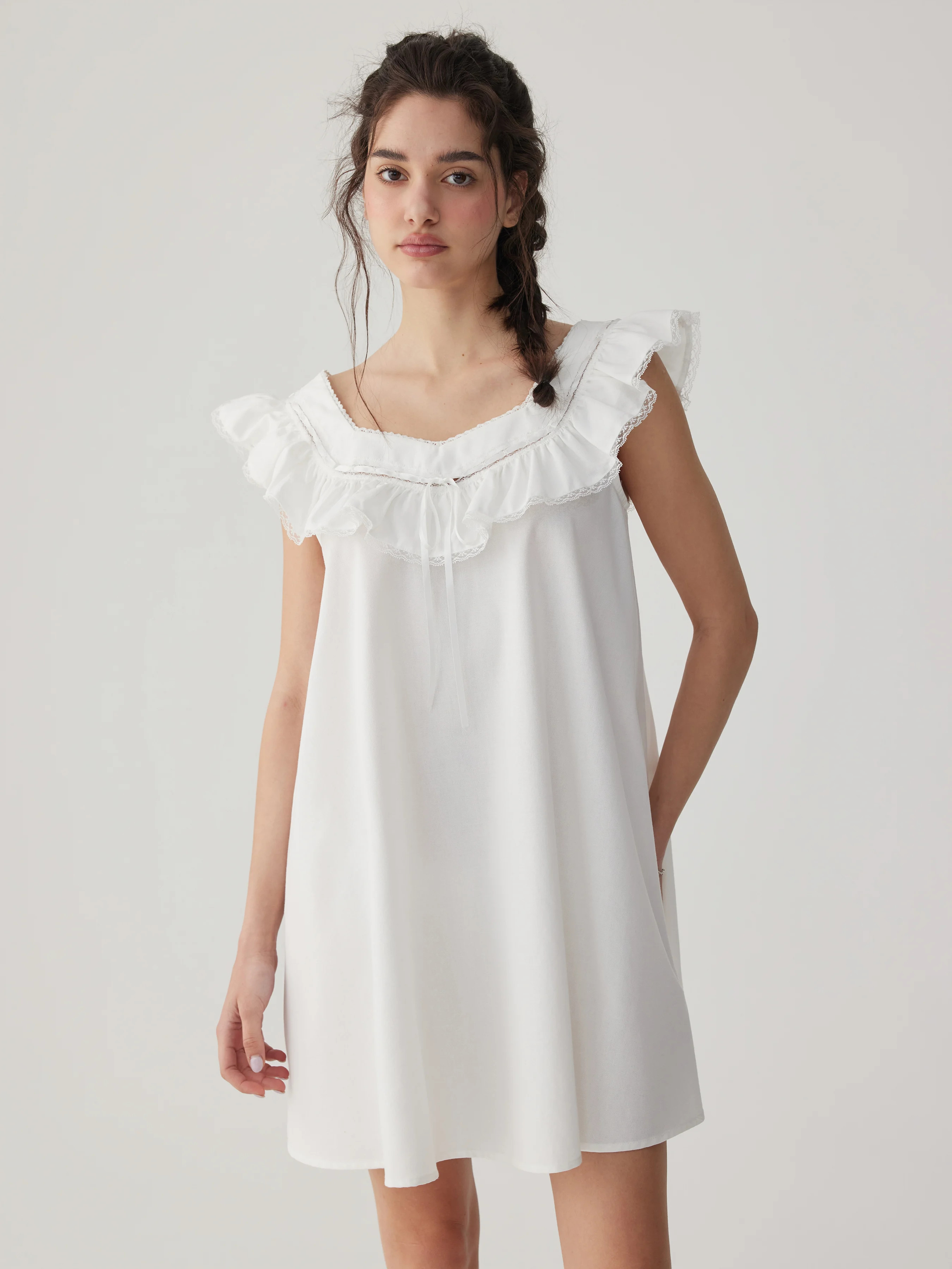 Cotton-blend Ruffled Lace Trim Mini NightDress | Cider