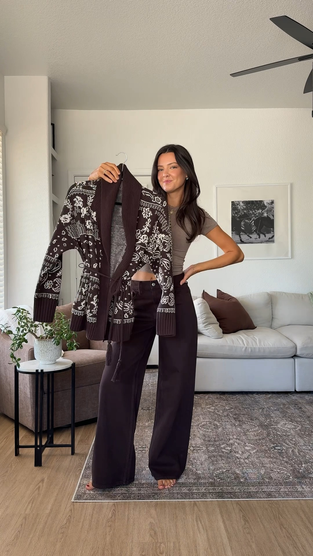 Statement pieces can be versatile too! I am 5’7” and wearing a size XS in the cardigan and everything else, except for Aritzia items with in are all a size 2! Regular length!