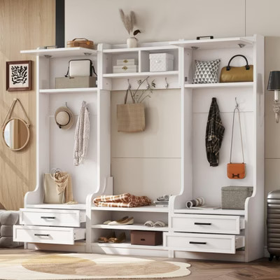 Entryway Hall Tree with Bench and Shoe Storage, 7 Hooks Coat Rack, Drawers, Cabinet, Detachable Multiple Functions Halltree White | Target
