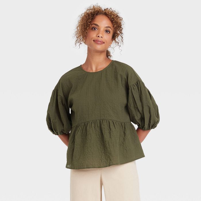 Women&#39;s Puff 3/4 Sleeve Top - A New Day&#8482; Olive Green M | Target