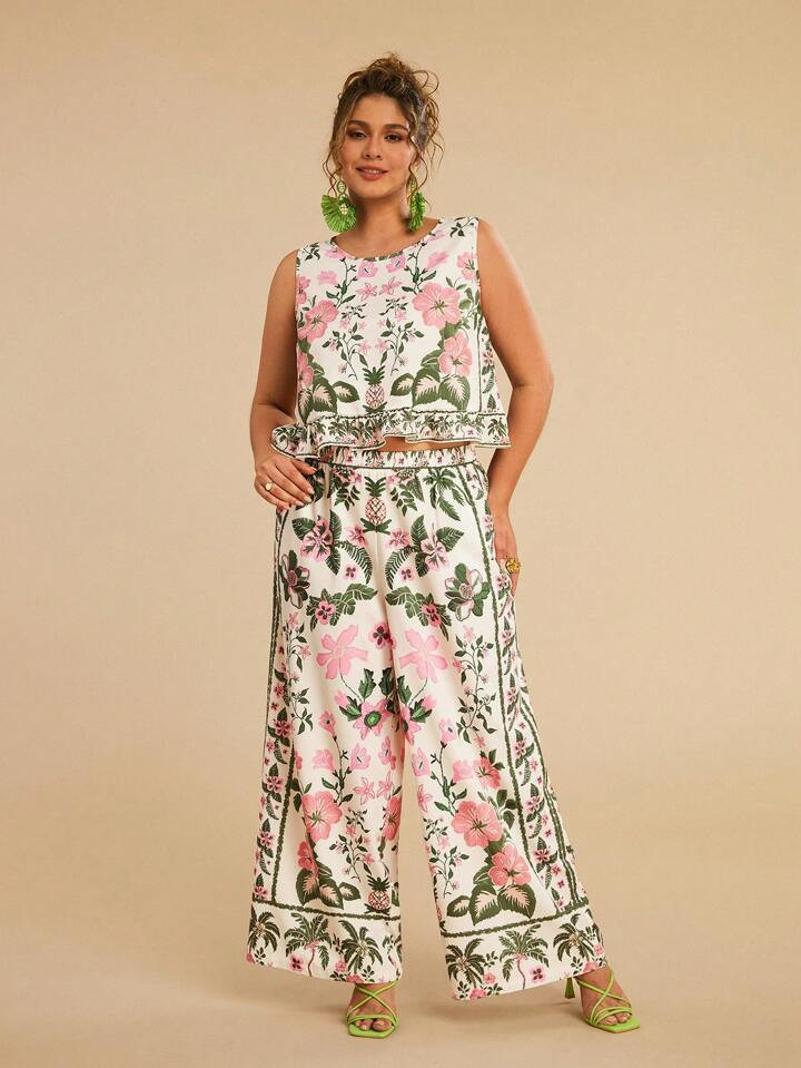 Travachic Plus Size Summer Beach Vacation Boho Casual Loose Coconut Tree & Floral Print Patchwork With Ruffle Pocket Pants, Women 2 Pieces Set,Holiday Outfits Boho | SHEIN