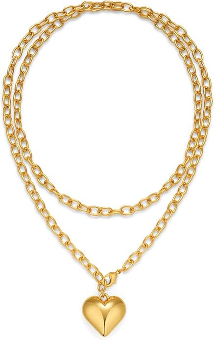 Layered Puffy Heart Necklaces For Women Gold And Silver Plated Heart Pendant Necklace Long Chain ... | Amazon (US)