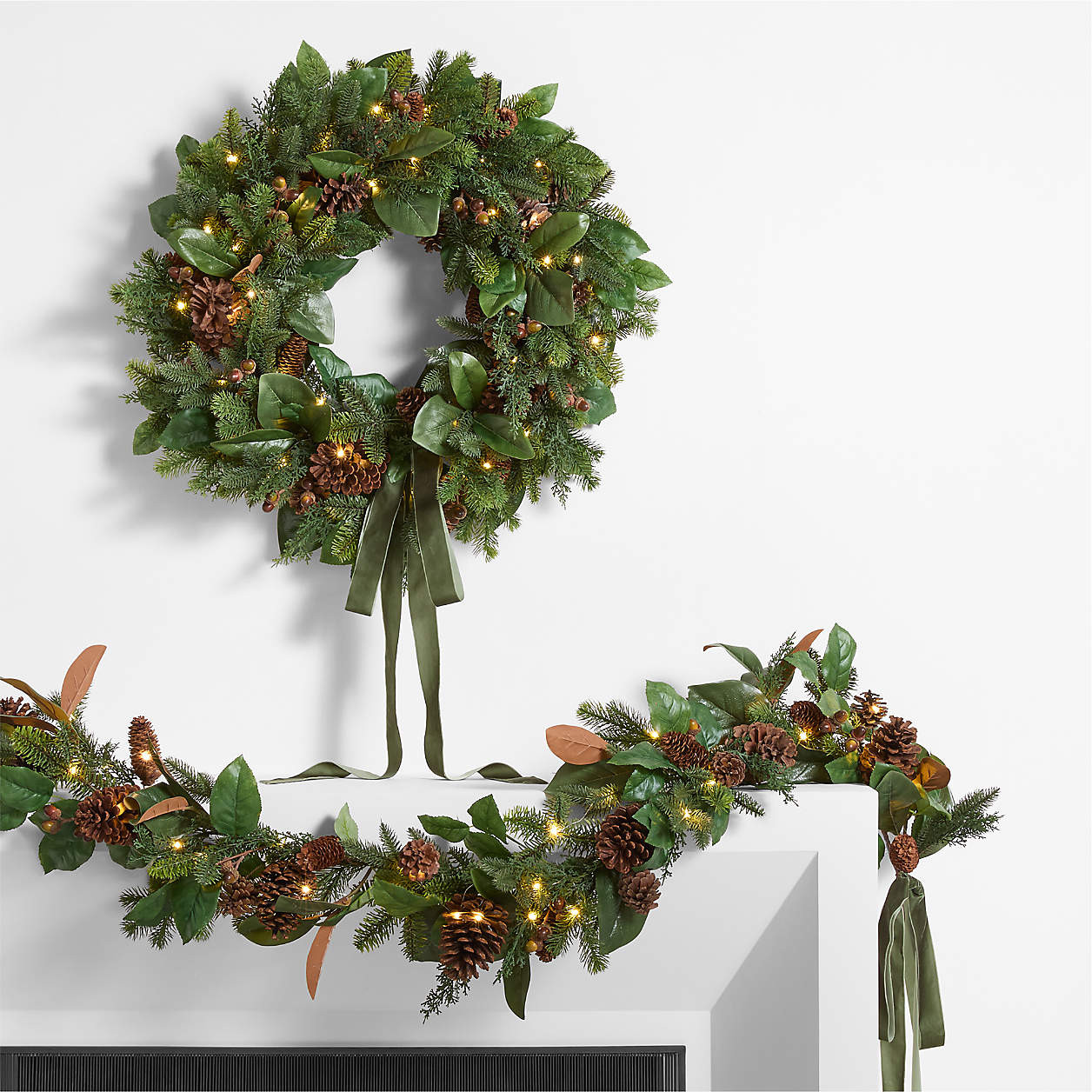 Faux Magnolia and Pinecone Pre-Lit Holiday Wreath 28" + Reviews | Crate & Barrel | Crate & Barrel