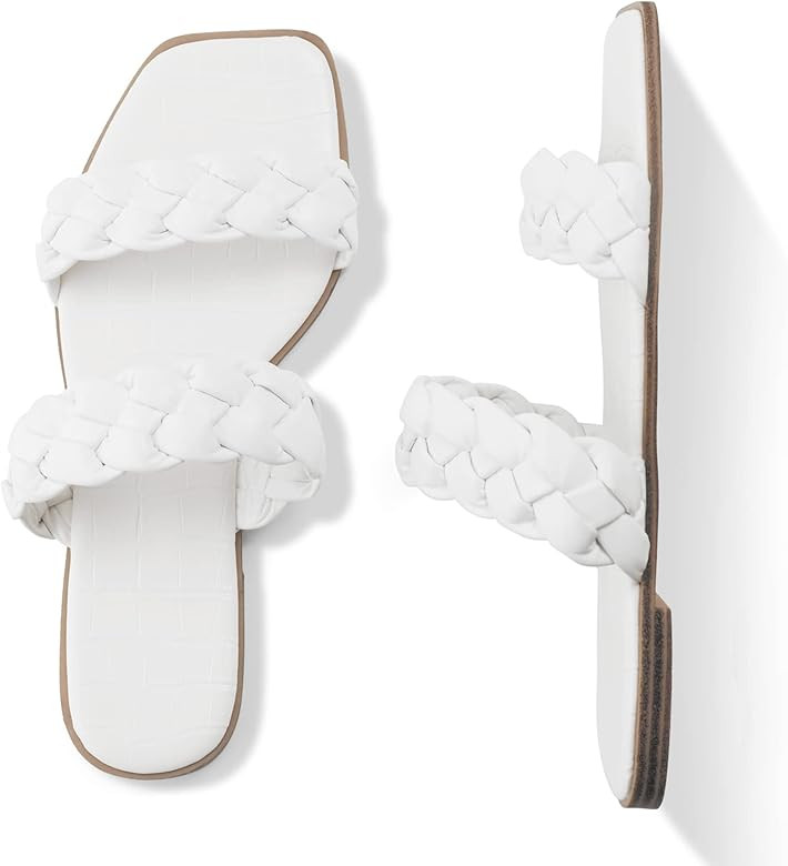 LACUONE Braided Flat Slide Sandals for Women Slip On Square Open Toe Woven Strap Sandals | Amazon (US)