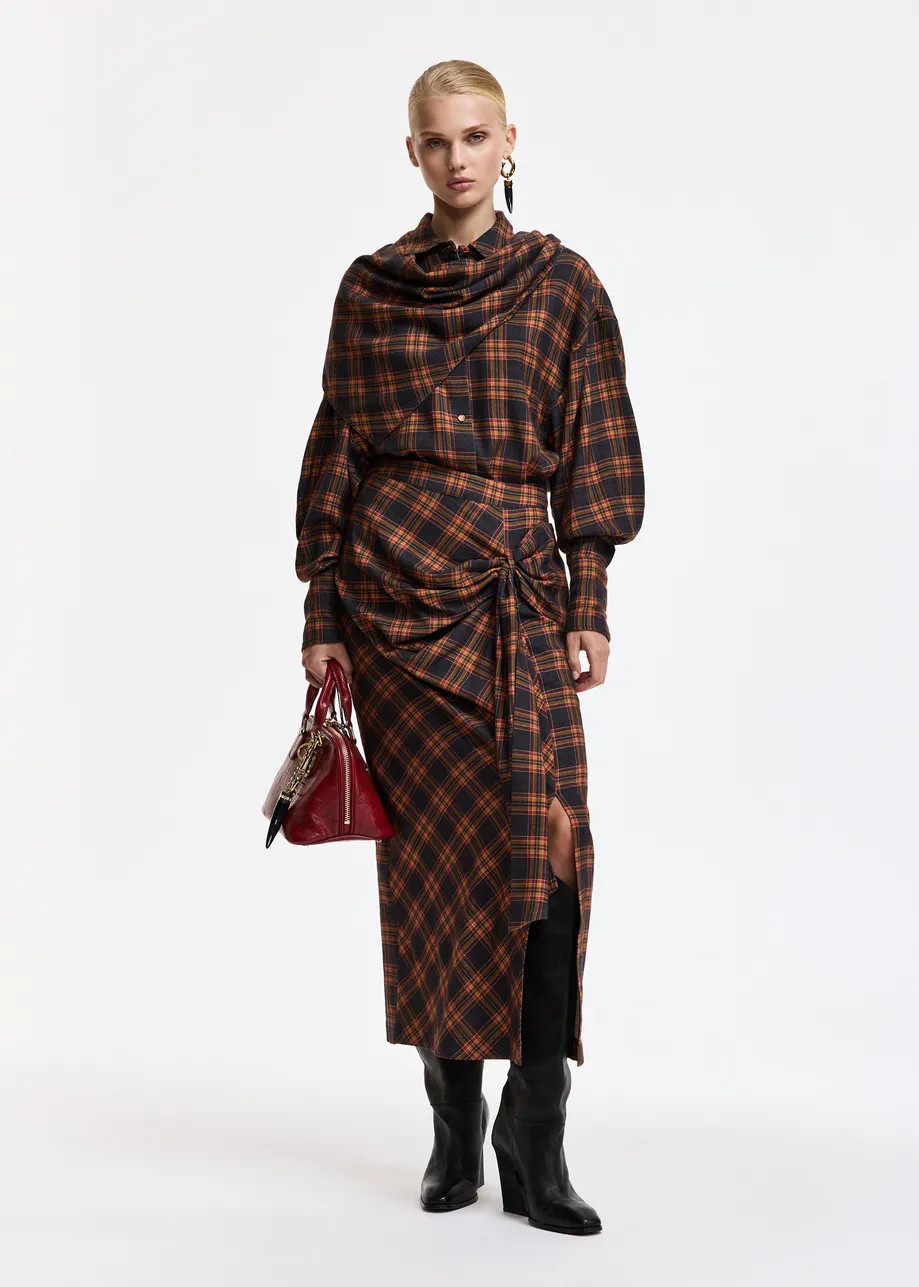 Navy, red and orange checked draped midi skirt | Essentiel Antwerp United Kingdom | Essentiel Antwerp