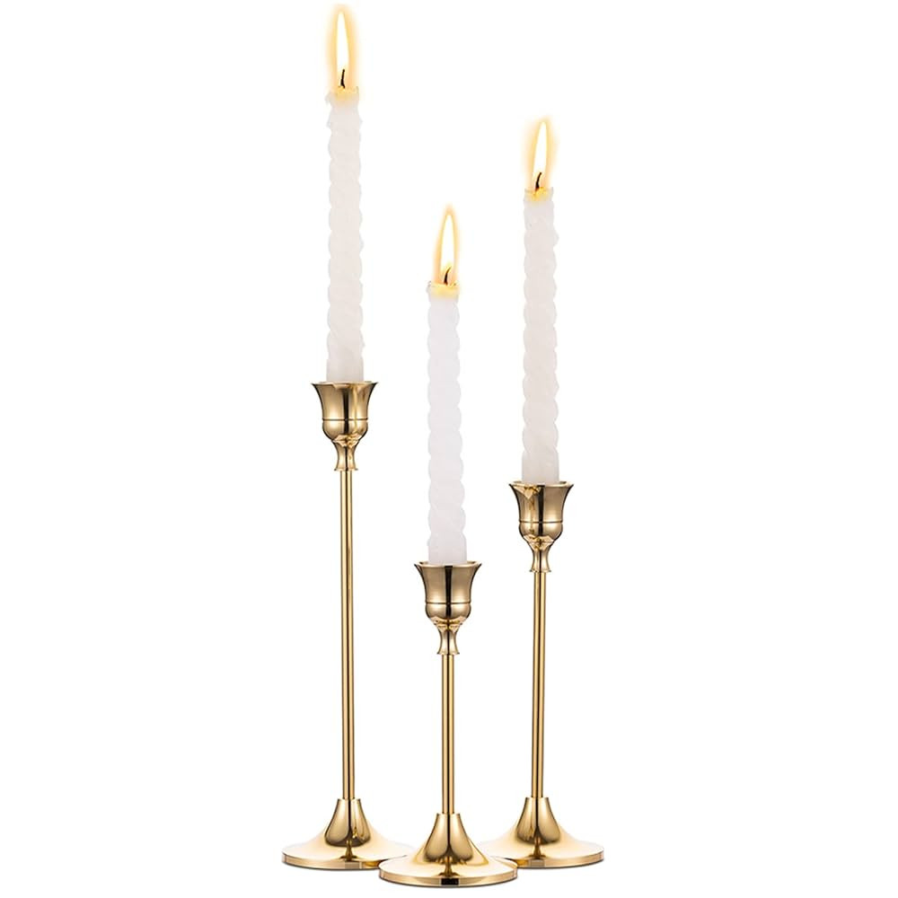 Candlestick Holders Taper Candle Holders, Set of 3 Candle Stick Holders Set, Brass Gold Candlesti... | Amazon (US)