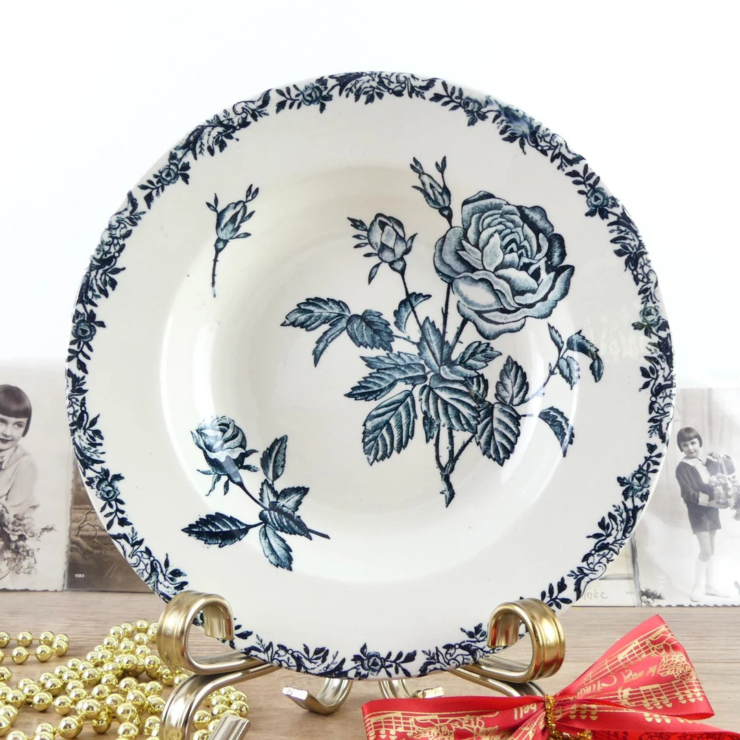 Terre De Fer Plate Decorated With Blue Roses 19th Century, Rose Soup Plate, Shabby Chic Salad Pla... | Etsy (US)