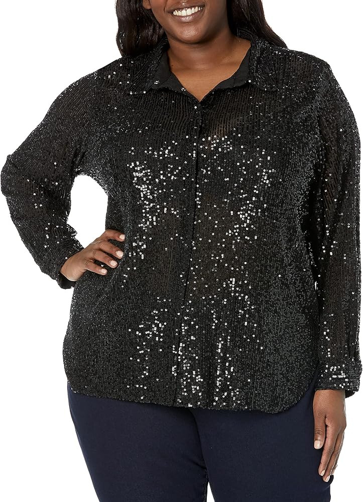 Calvin Klein Women's Plus Size Collar Oversize Formal Sequin Mesh Blouse | Amazon (US)