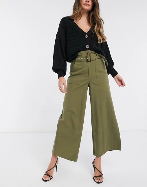 ASOS DESIGN belted pants with paperbag waist in green washed cotton | ASOS (Global)