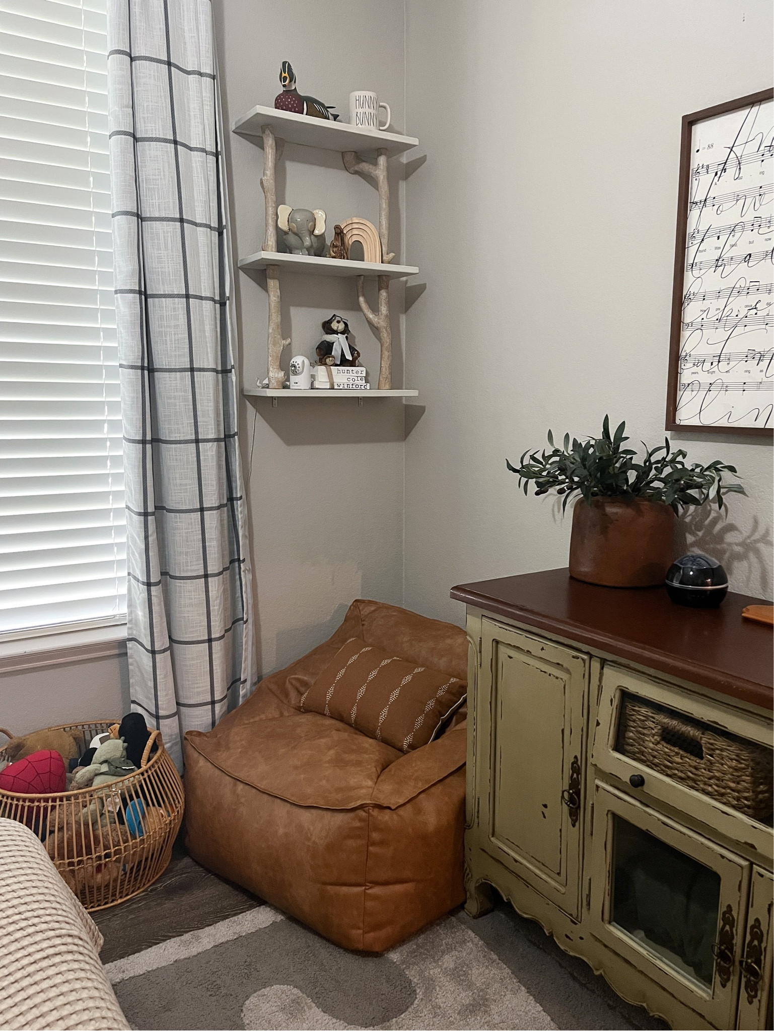 Leather bean bag chair in kids room with stuffed animal basket and woodland themed shelf 

#LTKkids #LTKfamily #LTKhome