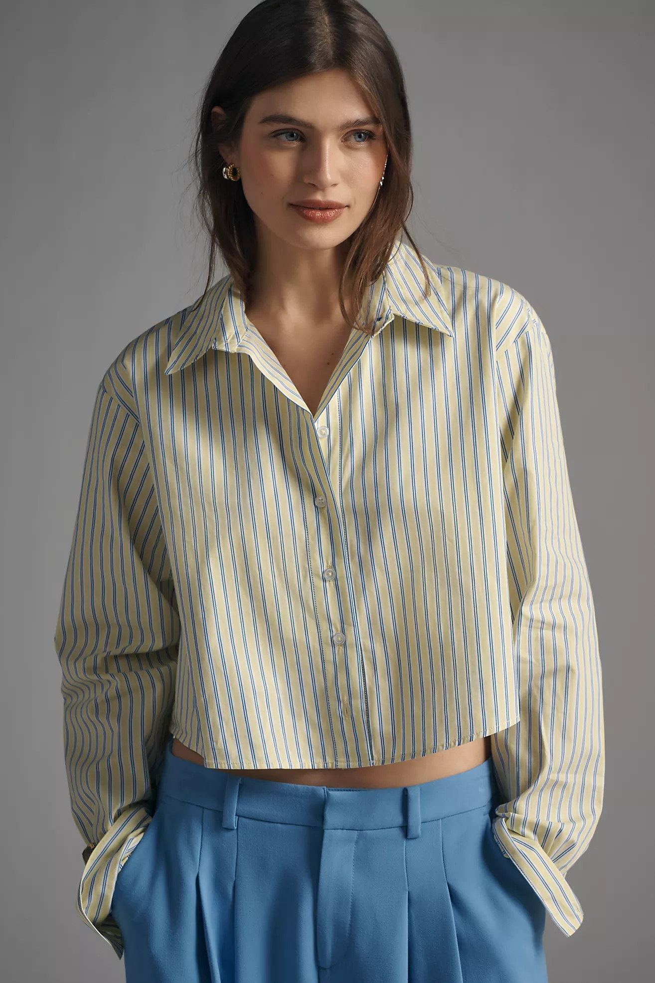 Maeve Cropped Long-Sleeve Buttondown Shirt | Anthropologie (US)