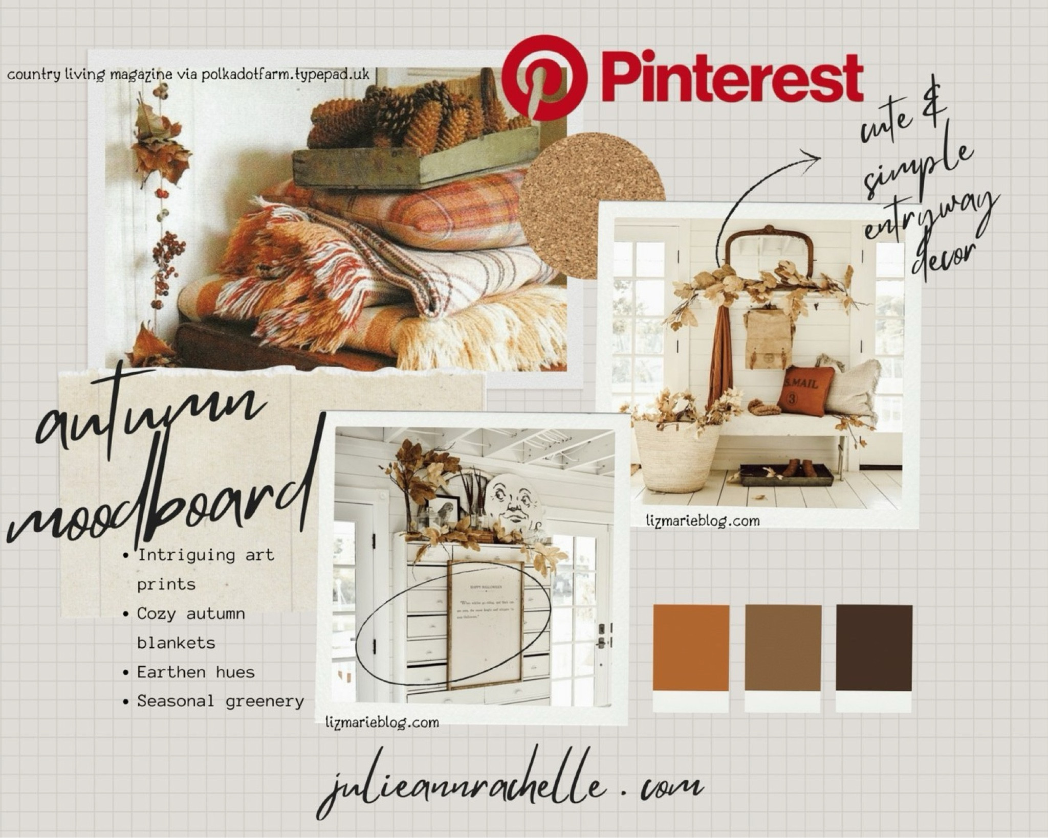 Explore the top fall decor trends of 2024 and learn how to bring them into your home.

1. **Earthy Elegance: Natural Elements**
 - *Why It’s Trending:* 2024 celebrates nature with earthy tones, organic textures, and natural materials like stone, wood, and clay.
 - *How to Incorporate:*
 - **Living Room:** Add rustic wooden furniture, woven throws, and stone or clay vases with dried flowers.
 - **Bedroom:** Use linen or cotton bedding in muted tones and wooden accents.

2. **Warm Minimalism: Cozy Simplicity**
 - *Why It’s Trending:* This season’s minimalism is warm and inviting, focusing on comfort while keeping it simple.
 - *How to Incorporate:*
 - **Living Room:** Choose clean-lined furniture in neutral colors, accented with wool or cashmere throws.
 - **Dining Area:** Opt for a streamlined table with monochrome dinnerware and a simple centerpiece.

3. **Bold Color Accents: Vibrant Pops**
 - *Why It’s Trending:* Energize spaces with bold accents like deep blues, emerald greens, and rich plums.
 - *How to Incorporate:*
 - **Bedroom:** Add vibrant pillows, a bold rug, or curtains against neutral walls.
 - **Dining Area:** Brighten with colored glassware, a bold table runner, or a striking light fixture.

4. **Vintage Revival: Nostalgic Charm**
 - *Why It’s Trending:* 2024 blends old and new, bringing vintage-inspired decor back into style.
 - *How to Incorporate:*
 - **Living Room:** Introduce vintage furniture, antique mirrors, or retro lighting.
 - **Bedroom:** Add vintage textiles like a patchwork quilt or lace curtains for a nostalgic touch.

5. **Cozy Layers: Comfort and Texture**
 - *Why It’s Trending:* Embrace coziness with layered textures and materials for a warm, inviting atmosphere.
 - *How to Incorporate:*
 - **Living Room:** Layer wool, faux fur, and knit blankets on sofas. Add texture with woven baskets and shaggy rugs.
 - **Dining Area:** Use textured placemats, runners, and napkins in natural fibers for a luxurious dining experience.

Read more 👉 https://bit.ly/fbautumnmoodboard

#MoodBoard #FallDecor #julieannrachellerochesternyinteriordesign